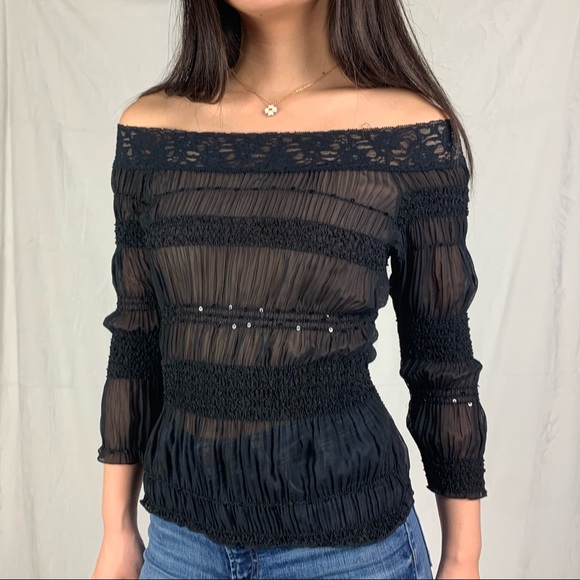 sirens small black sheer mesh shirred blouse - Picture 3 of 8